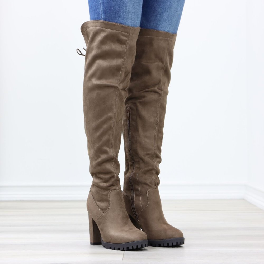 Full Lace-Up Back Taupe Faux Suede Thigh High Over The Knee Lug Block Heeled Boo - Picture 3 of 14